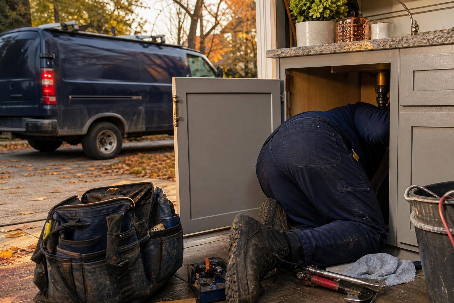 Commercial plumbing leak inspection work area in USA